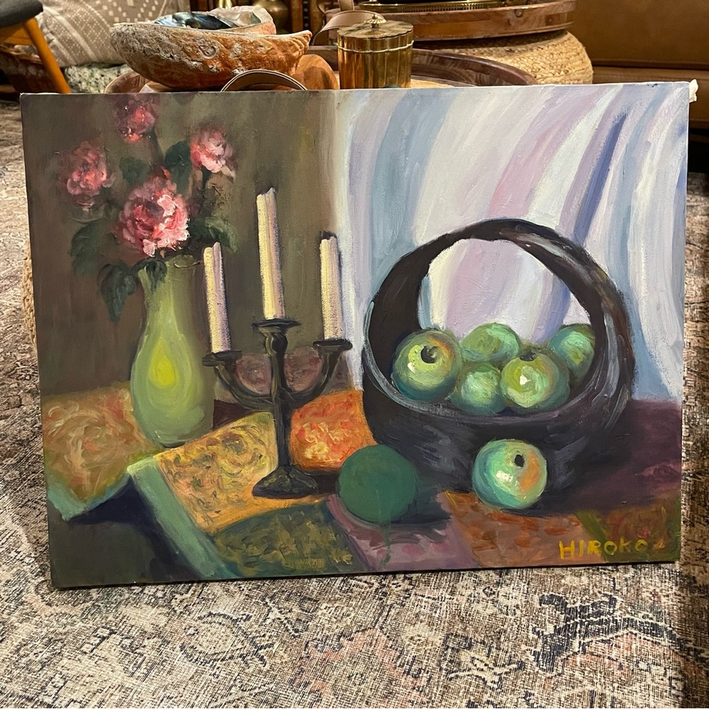 Mid Century Gorgeous Still Life Oil Painting , signed "Hiroko Beautiful Flowers